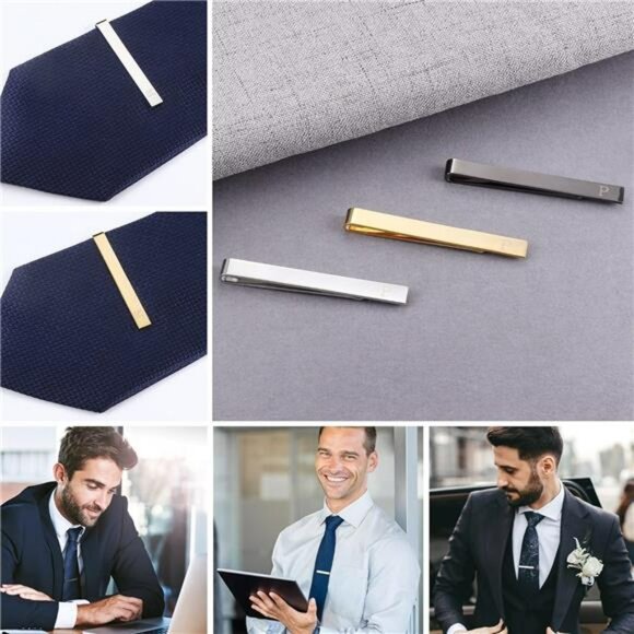 Mens Tie Clip Set Gold Silver Black Stainless Steel Letter Bar Accessories - Picture 5 of 7